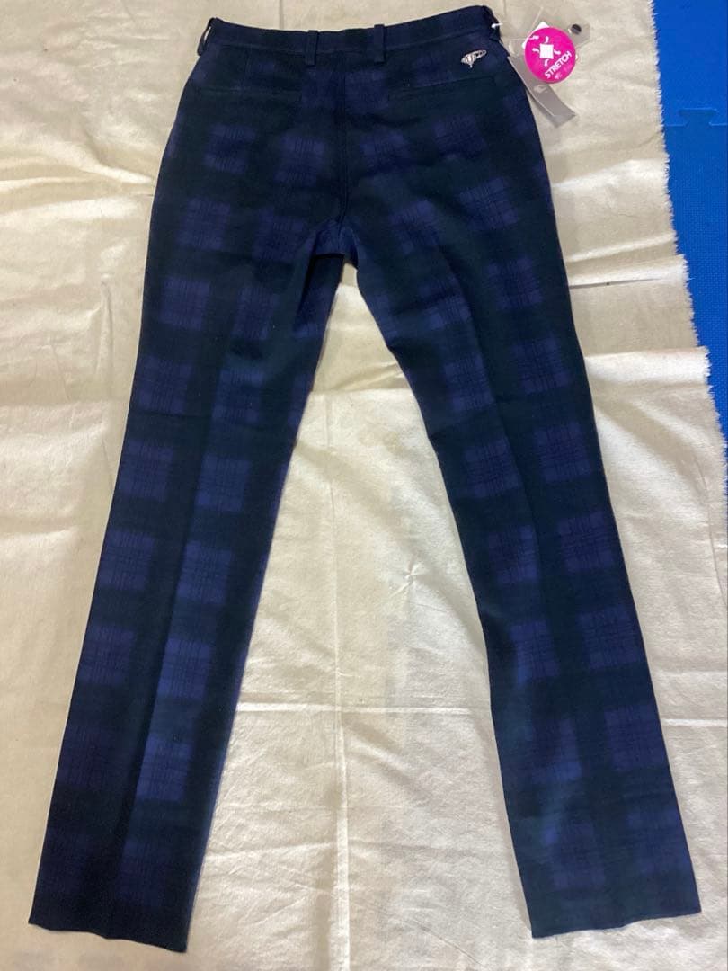 beams golf ネイビー系チェック柄スリムフィットパンツ