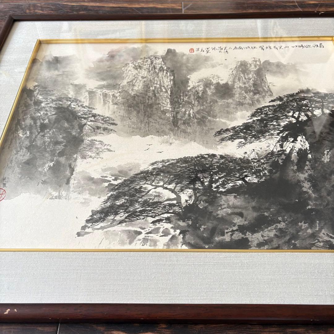 中国 張建剛  額装 水墨画 山水 Ｆ