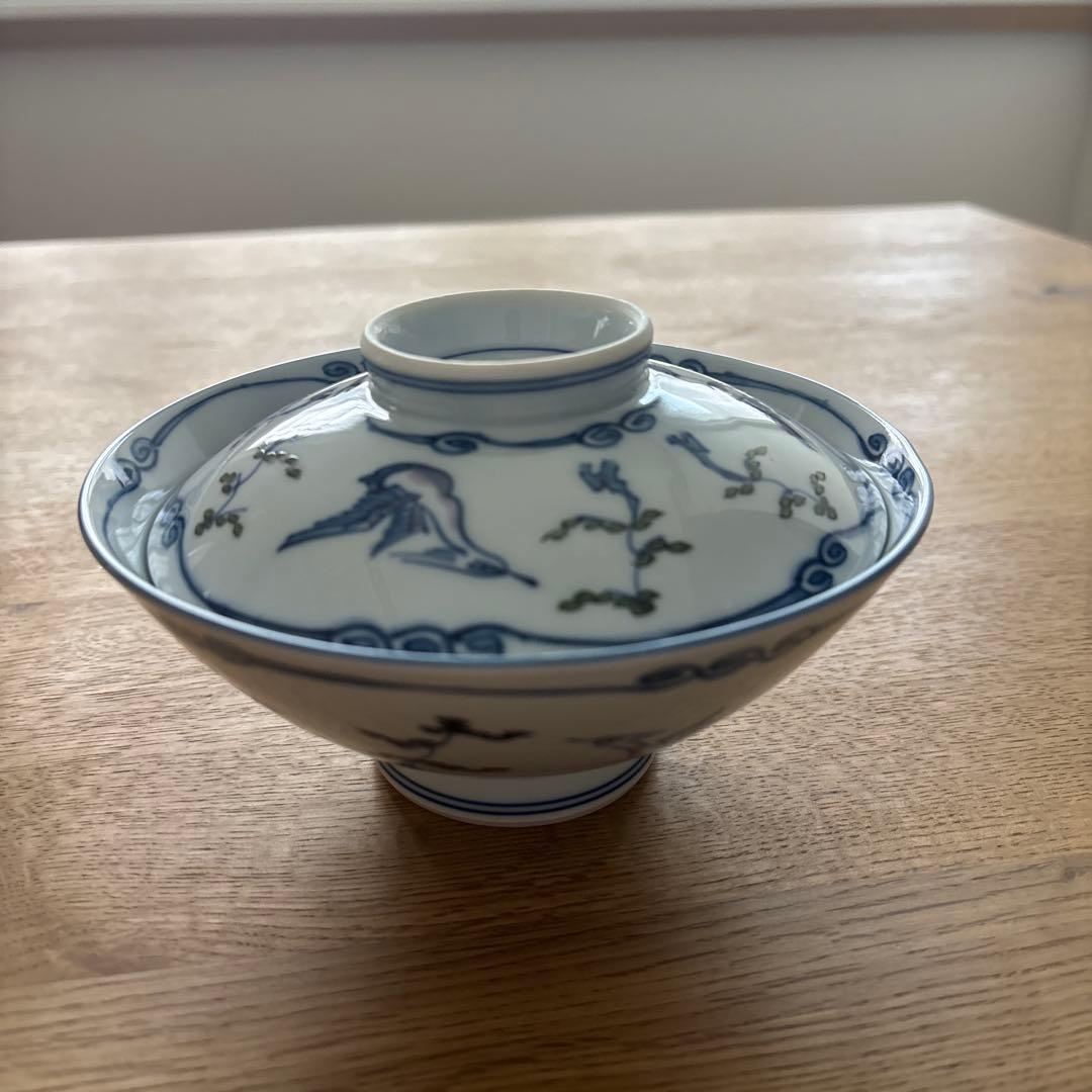 有田焼　源右衛門　染錦松鳥文蓋付茶碗 茶碗５客