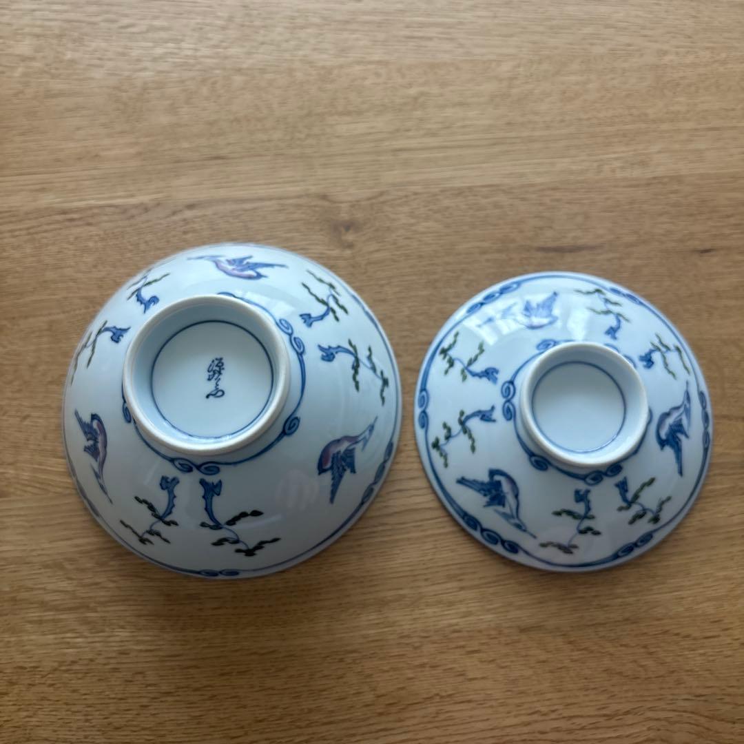 有田焼　源右衛門　染錦松鳥文蓋付茶碗 茶碗５客