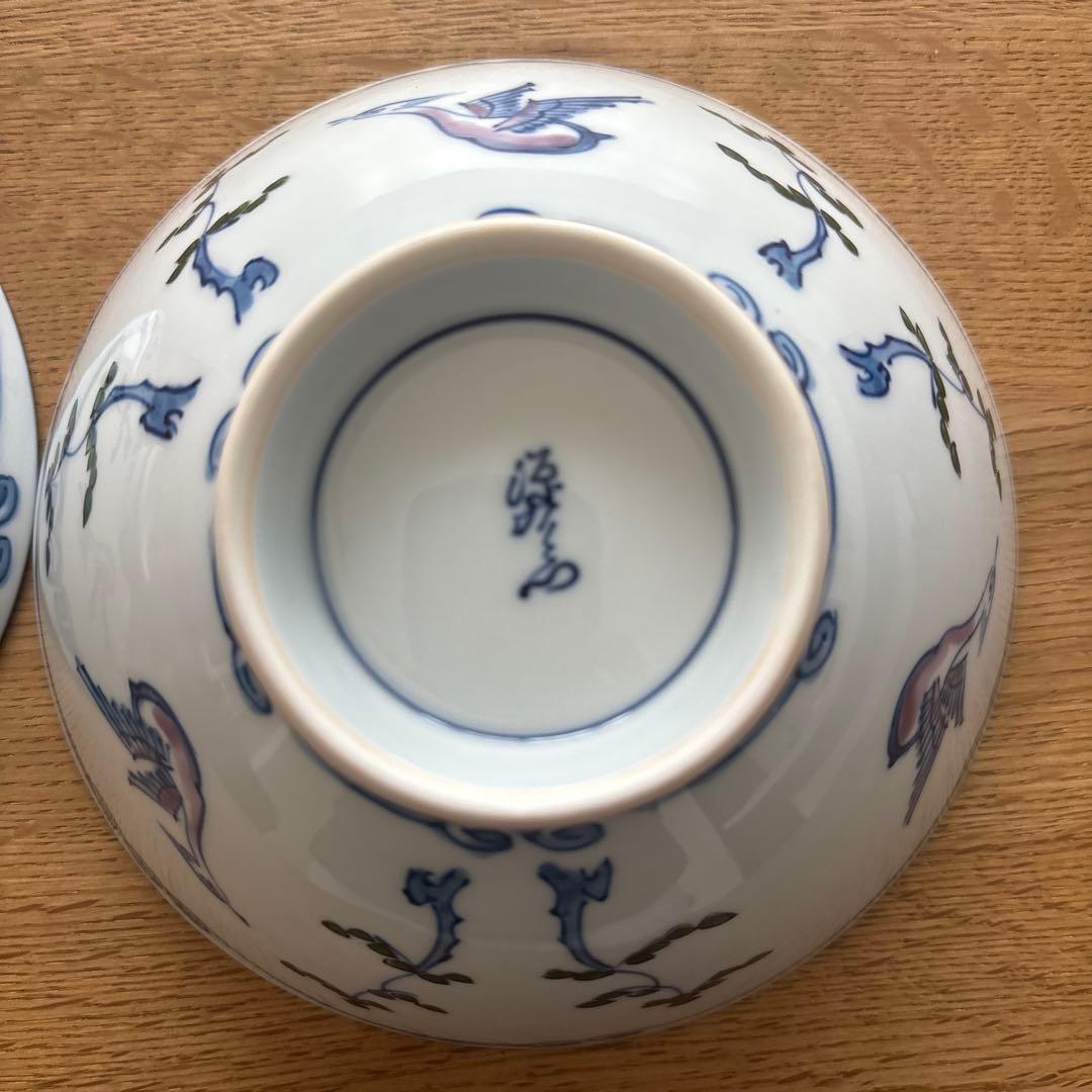 有田焼　源右衛門　染錦松鳥文蓋付茶碗 茶碗５客