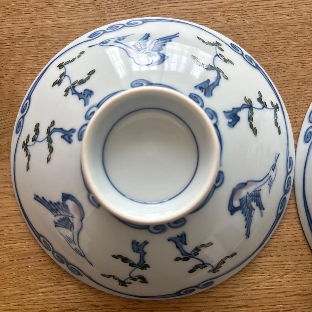 有田焼　源右衛門　染錦松鳥文蓋付茶碗 茶碗５客