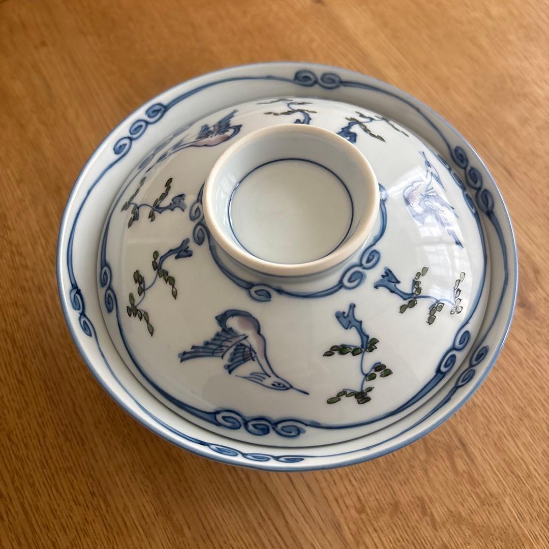 有田焼　源右衛門　染錦松鳥文蓋付茶碗 茶碗５客