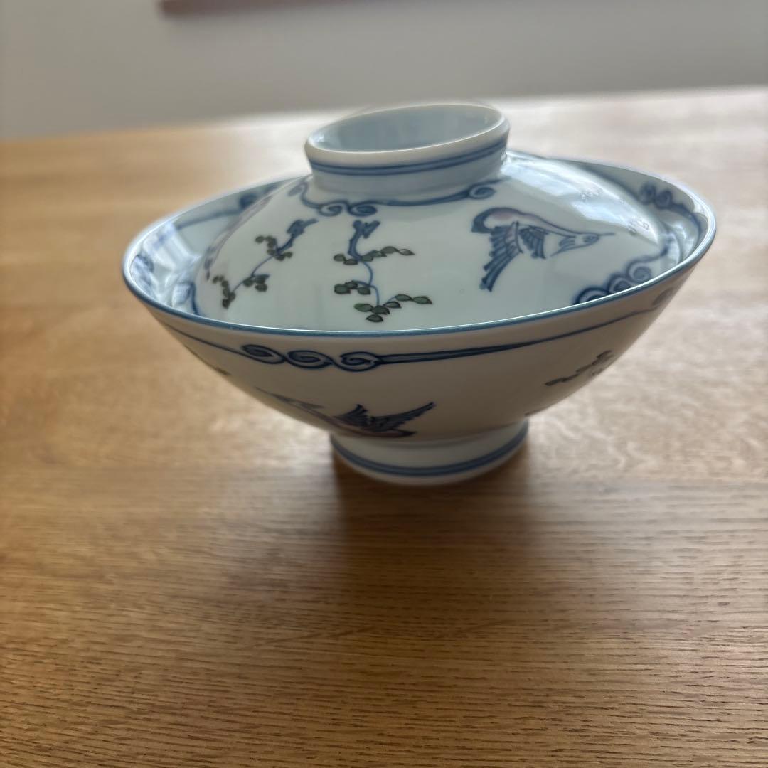 有田焼　源右衛門　染錦松鳥文蓋付茶碗 茶碗５客