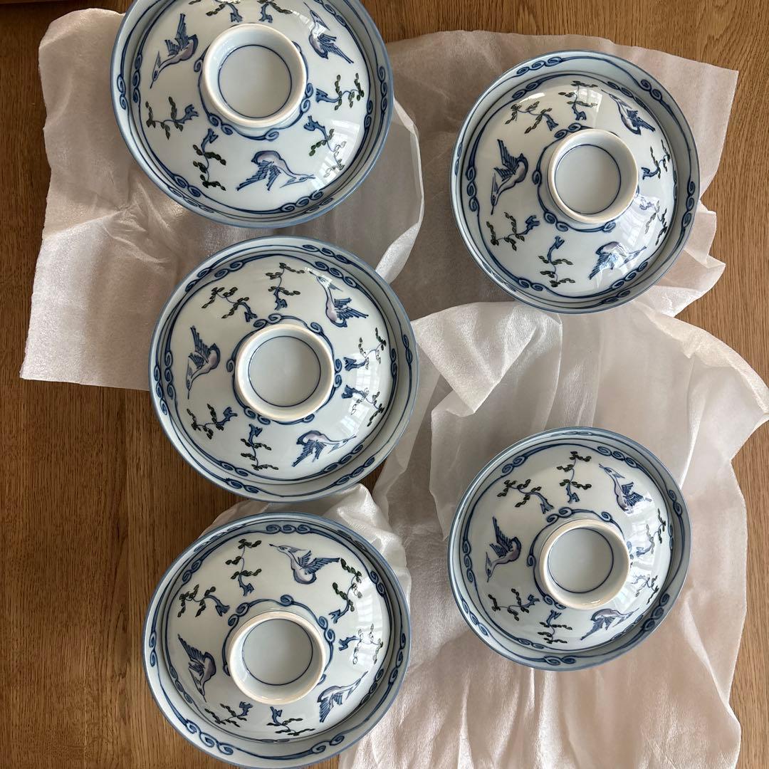 有田焼　源右衛門　染錦松鳥文蓋付茶碗 茶碗５客