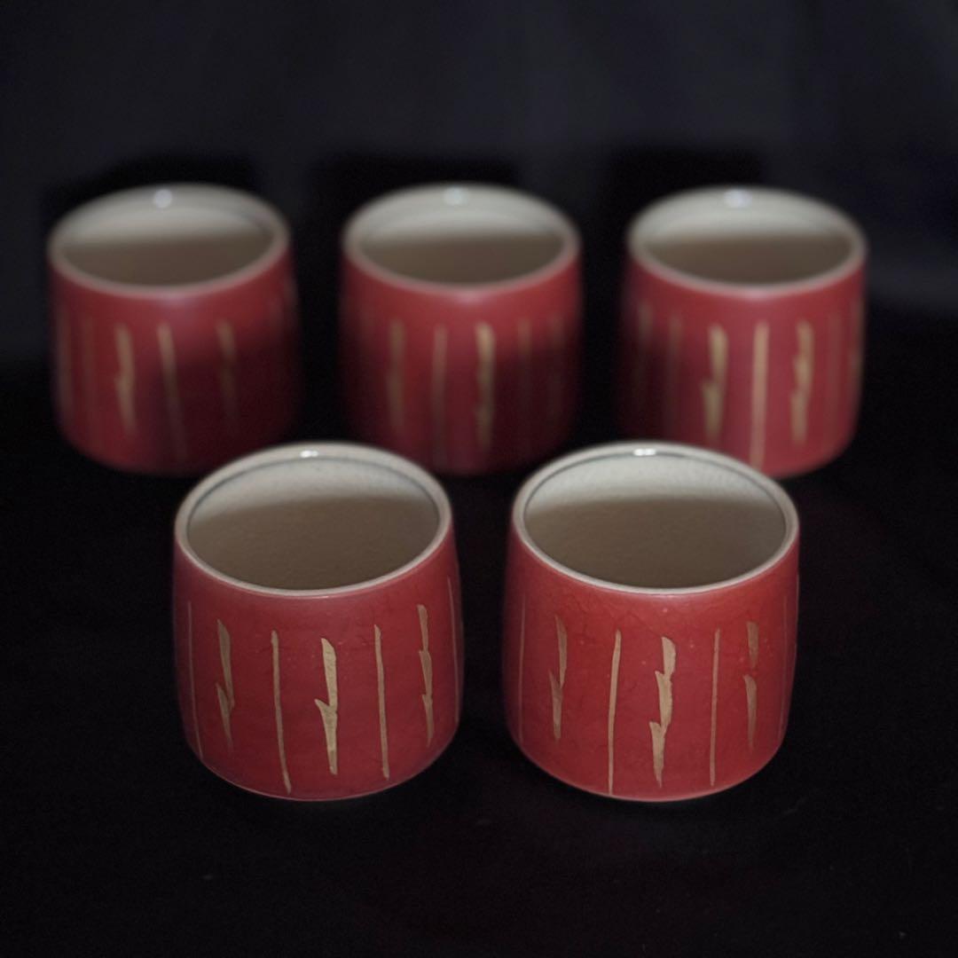 希少品当時物　朱襴手汲出茶器5客　古狭間窯　加藤滝川作　瀬戸焼　木箱　由緒書付き