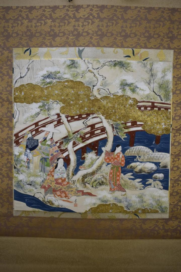 真作/岡島良山/山水人物図/桐箱二重箱付/布袋屋掛軸HE-871