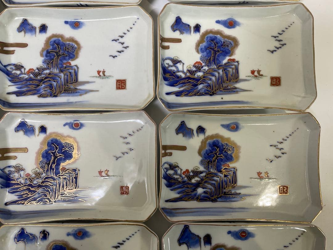 【現状品】古伊万里 染付 金彩 山水 金彩 角皿 アンティーク 時代物 20枚