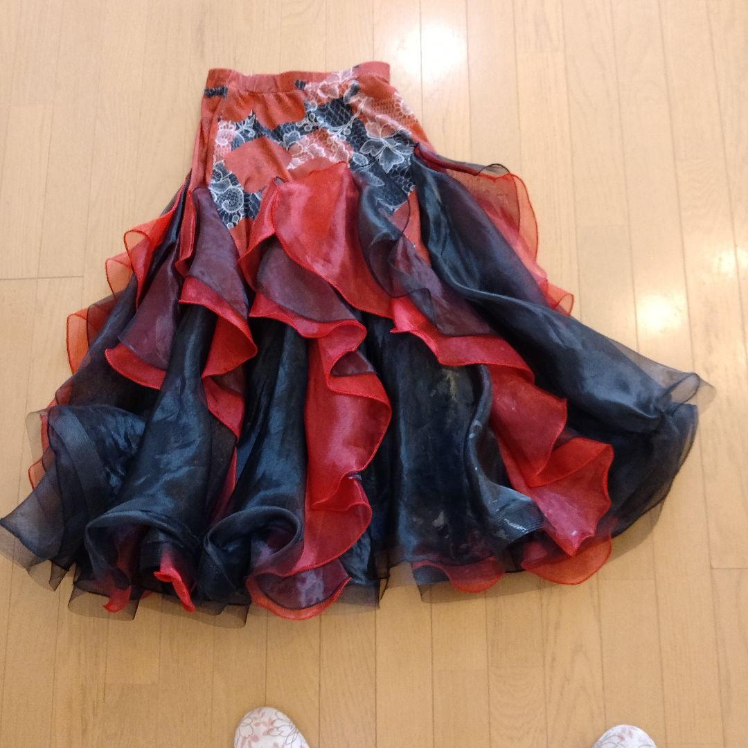 社交ダンス用ドレス フリル付き 赤黒 Mサイズ