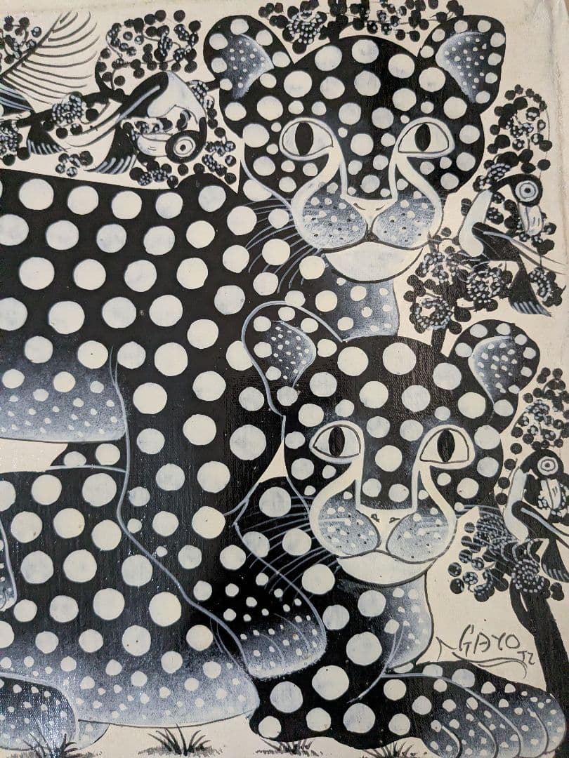 ●アフリカの絵画、ティンガティンガ、モノクロチーター親子、30×40cm
