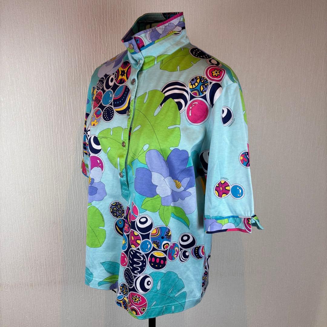 ★LEONARD SPORT★L★水色花柄シャツ★綿100%★多少伸縮性有★素敵