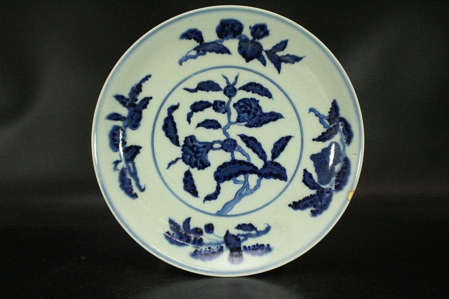 中国美術 染付 枝葉紋 皿 φ27.5cm(ZE791)