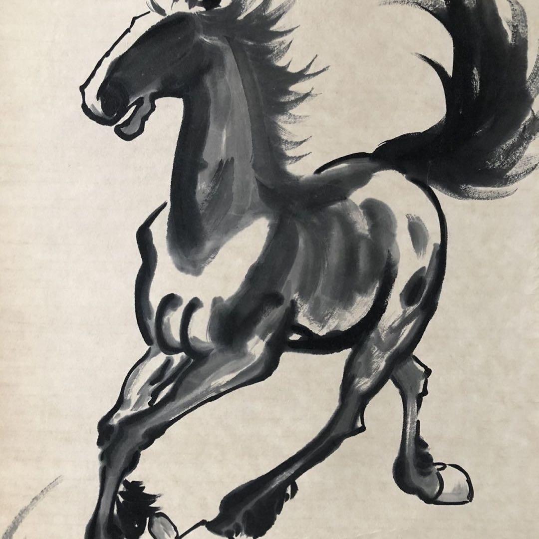 中国美術 掛け軸 徐悲鸿風 馬図 手描き 水墨画 三尺 雑誌付き 床の間