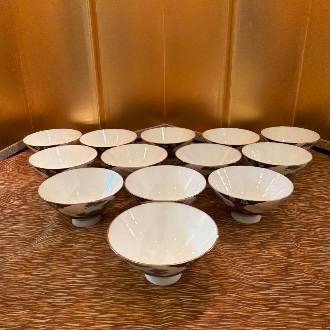 九谷焼 飯碗 13客 揃い 青粒金彩 梅文 和食器 昭和レトロ