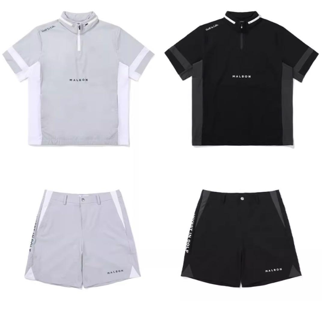 Malbon メンズ ゴルフウェア 上下セット ハーフジップ半袖＋ショートパンツ