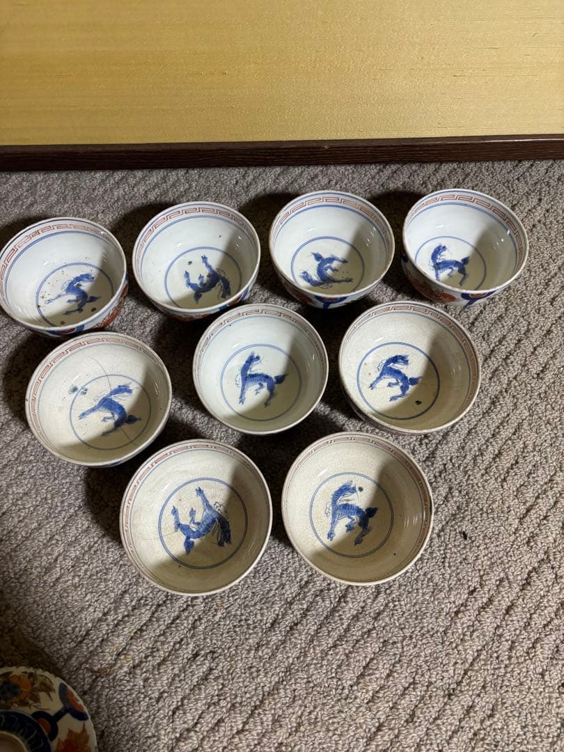 古伊万里色絵金彩蓋茶碗 江戸〜明治期 蓋付き御茶碗 麒麟 銘あり 染付 骨董品