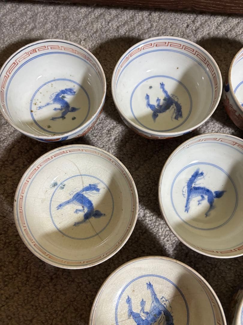 古伊万里色絵金彩蓋茶碗 江戸〜明治期 蓋付き御茶碗 麒麟 銘あり 染付 骨董品