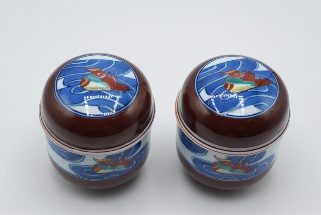 波佐見焼　鉄砂水鳥 むし碗　蓋付き蒸し碗　保管品　ヴィンテージ