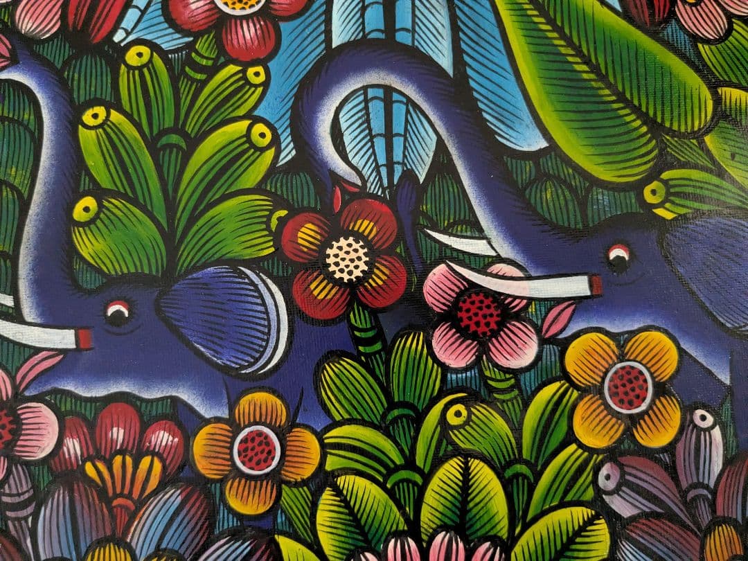 ●アフリカの絵画、ティンガティンガ、ゾウinジャングル、ムズグノ、30×40cm