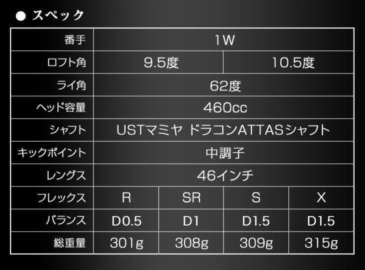 【新品】「悪童」USTマミヤ製ドラコンATTASシャフト仕様 強反発ドライバー
