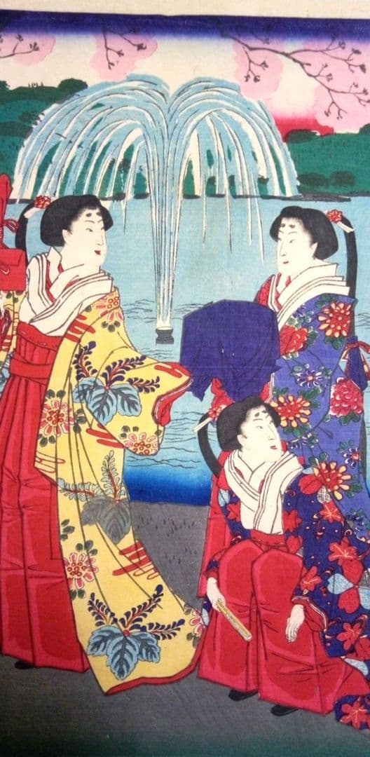 浮世絵、九段坂靖国神社御遊覧之圖三枚綴り繋がってます。歌川国明画、13年明治出版