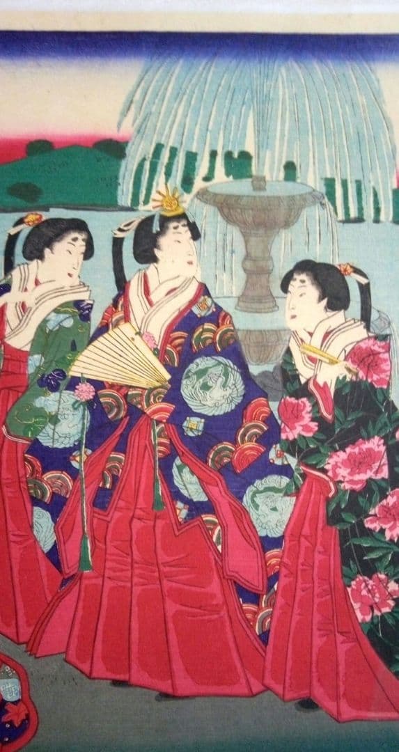 浮世絵、九段坂靖国神社御遊覧之圖三枚綴り繋がってます。歌川国明画、13年明治出版