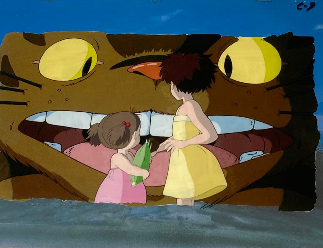 e６４　となりのトトロセル画【猫バスと二人】背景画・額縁付き