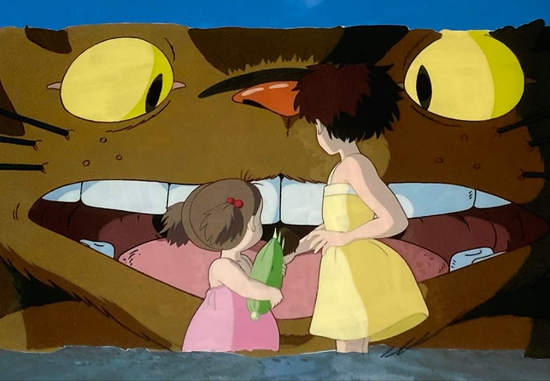 e６４　となりのトトロセル画【猫バスと二人】背景画・額縁付き