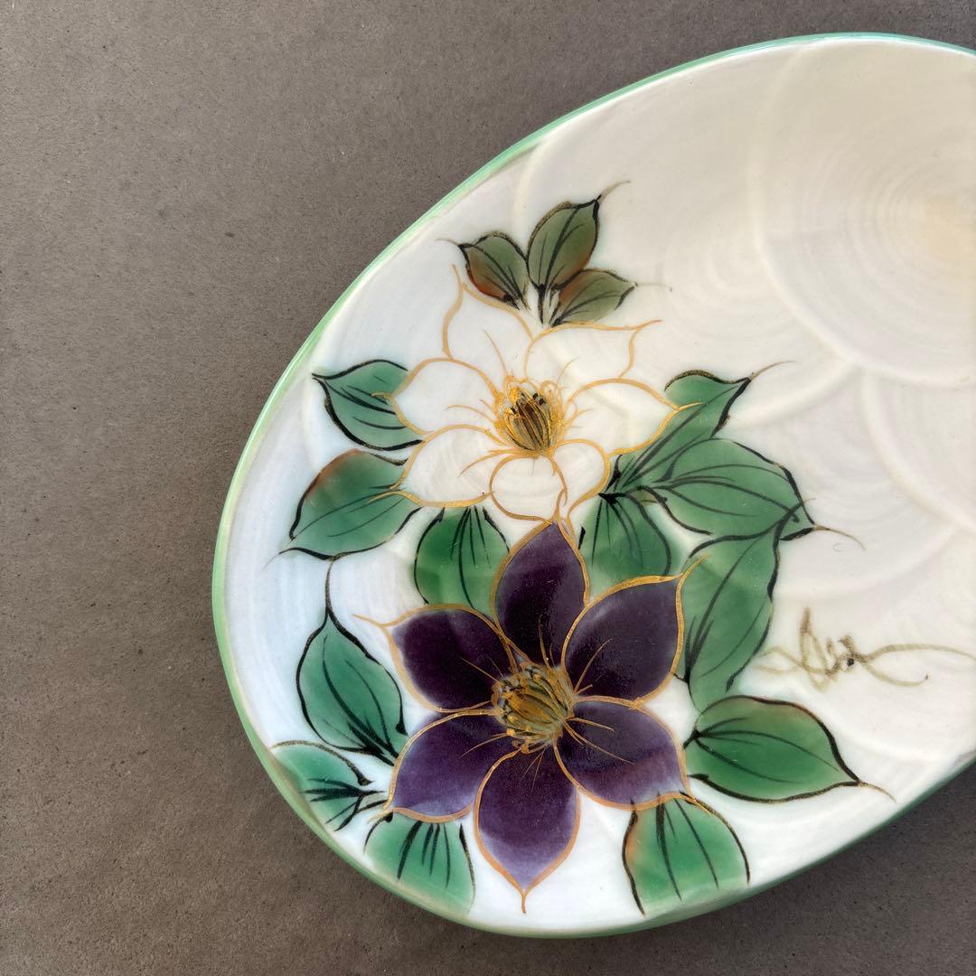 《ほぼ新品》美品【陶葊】京焼　清水焼　白掛彩草花　色絵付け　皿　椿　陶あん