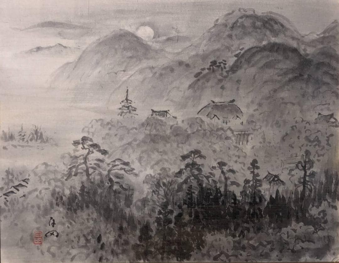 【真作】絵画　長谷川畠　日本画6号　京の東山風景　静寂を描いた墨絵　V22