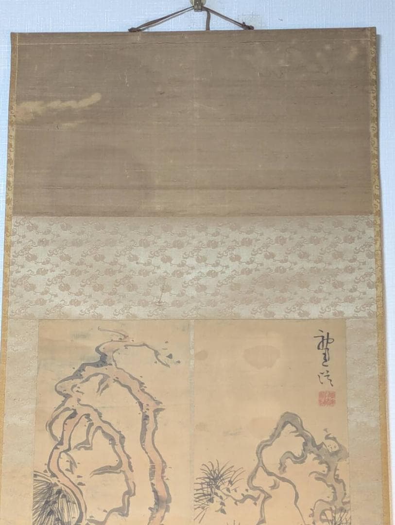 【真作】掛軸　老松図　墨画淡彩　松樹の古雅な風情　山水画逸品　V58