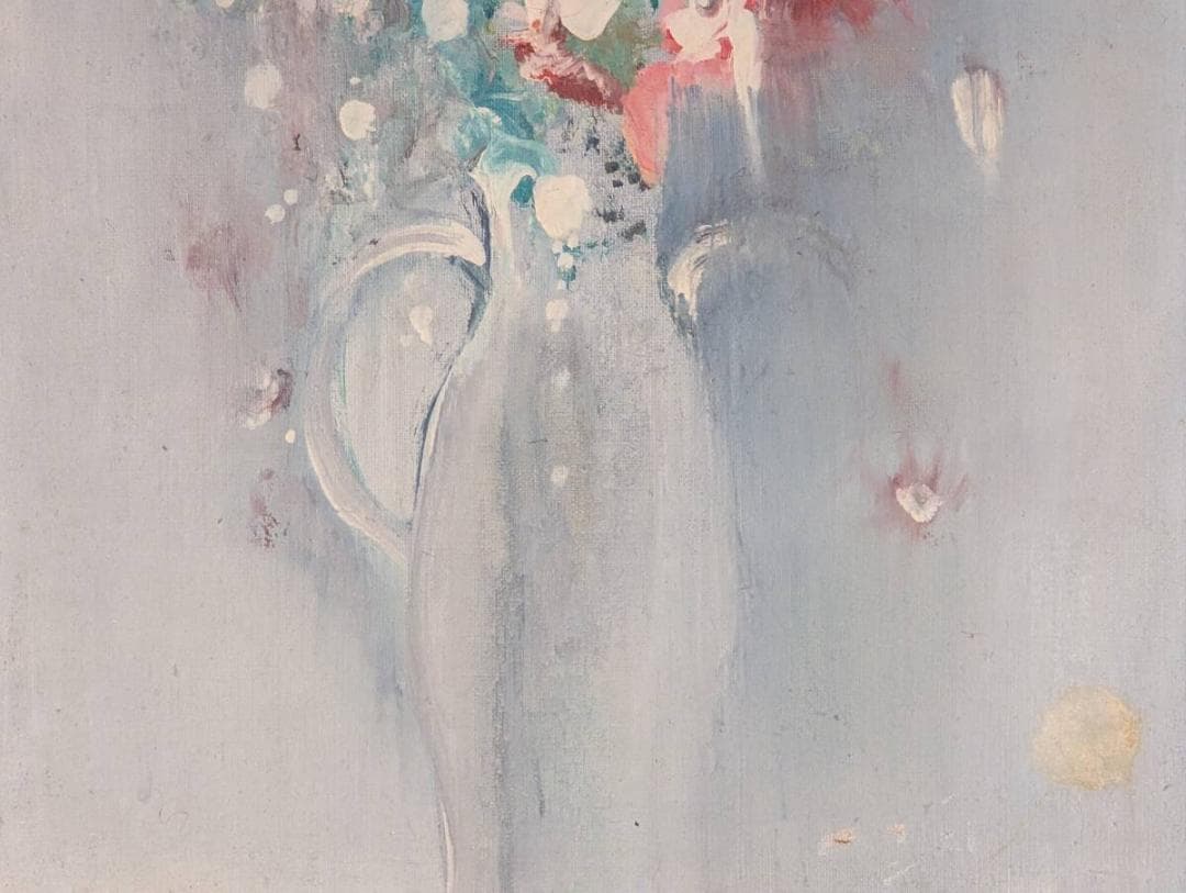【真作】絵画　油彩6号　白い花瓶　柔らかな光と花の静物　Z199