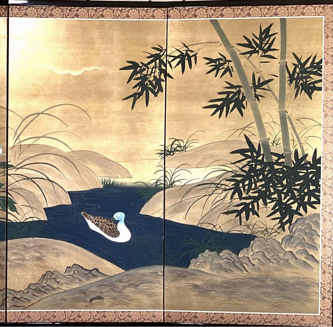 四つ折り屏風　日本画　金箔彩色　『牡丹にオシドリ』