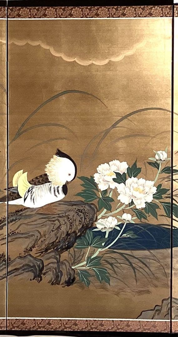 四つ折り屏風　日本画　金箔彩色　『牡丹にオシドリ』
