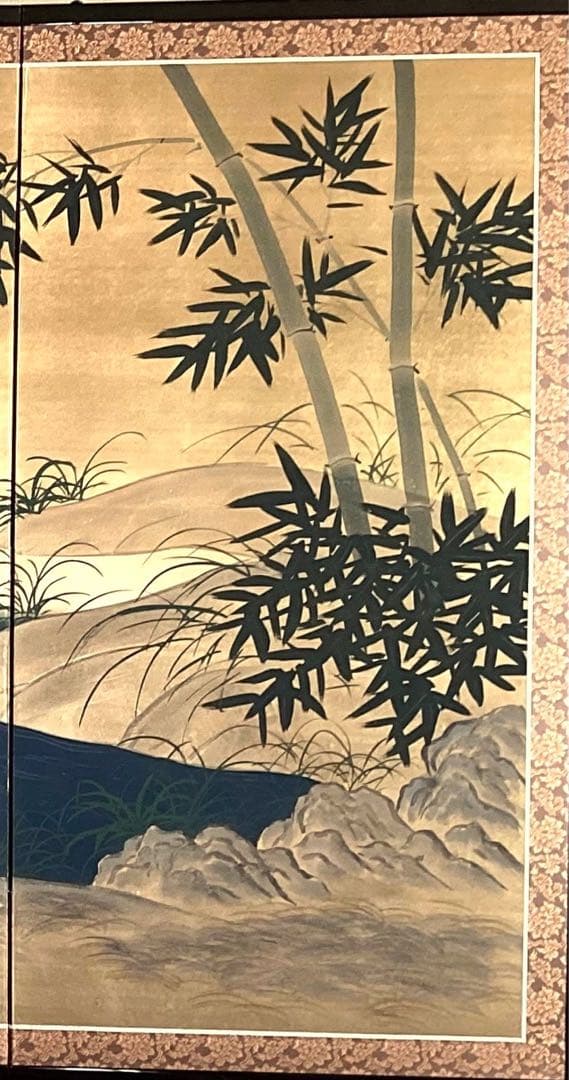 四つ折り屏風　日本画　金箔彩色　『牡丹にオシドリ』
