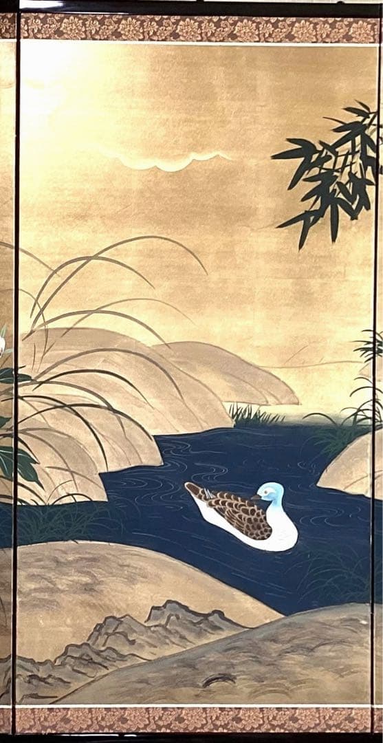 四つ折り屏風　日本画　金箔彩色　『牡丹にオシドリ』