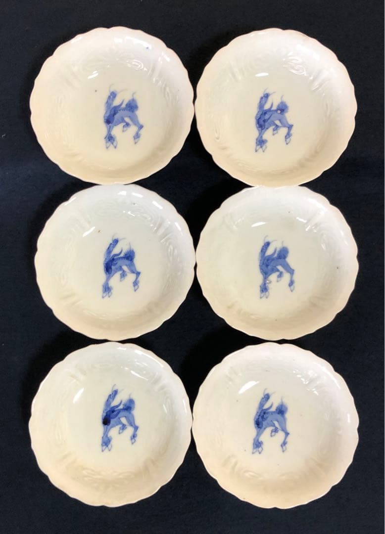 《R》伊万里 染付 麒麟図 輪花 小鉢6客 1f