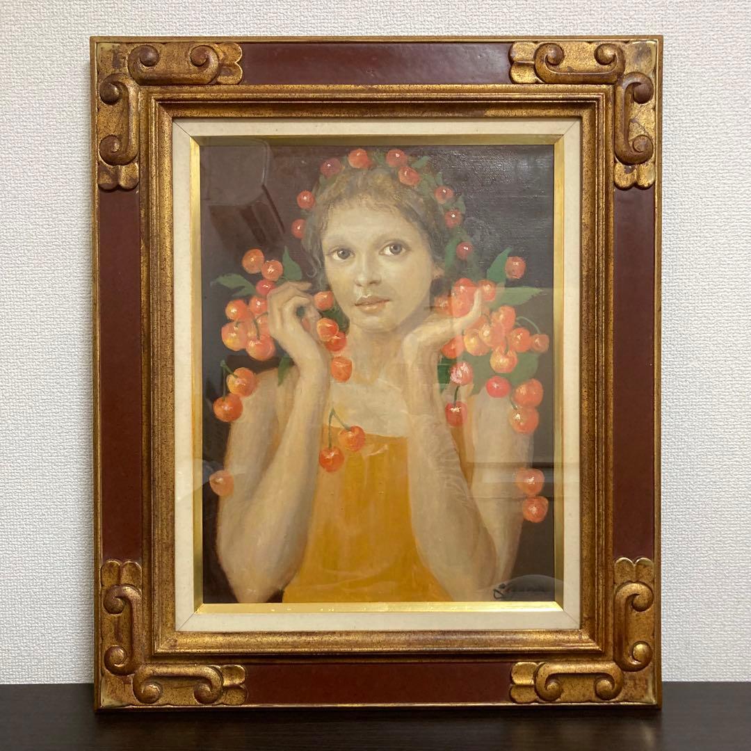 【真作保証】芝田米三「収穫」油彩6号 直筆サイン 裏書き 額装 絵画 美人 少女