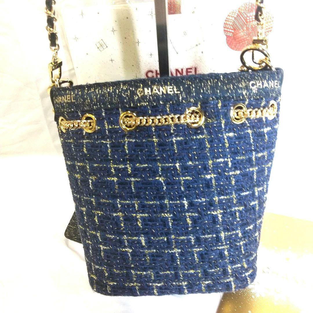 新品極美品CHANELノベルティツイードバケットショルダバックネイビー非売品
