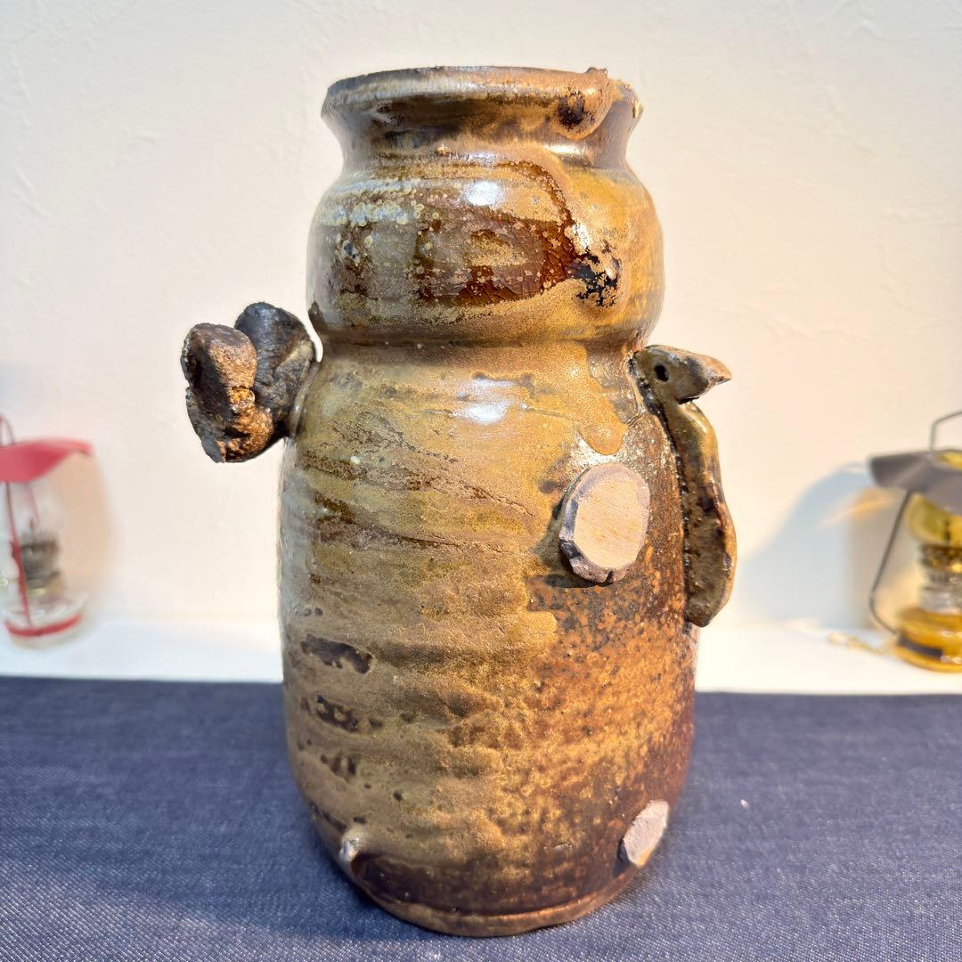 【真作】杉本貞光 信楽耳付花入 寺田野窯 陶印 茶道具 骨董 花器 希少