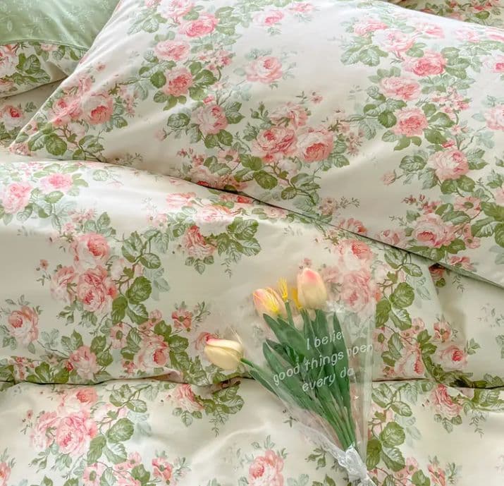 新品★フレッシュな薔薇ガーランド柄綿100%シングル掛け布団カバー枕カバーセット