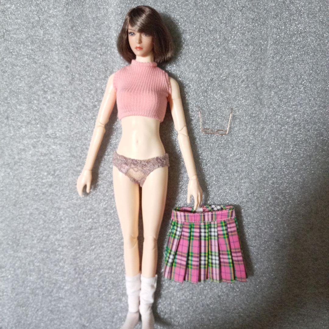 1/6 女性セミシームレス素体 ヘッド メガネ ノースリーブセーター スカート