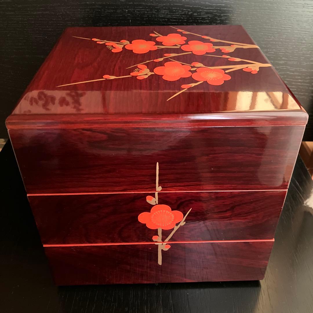漆器重箱　溜紅本塗り木製三段重箱　★最終価格★