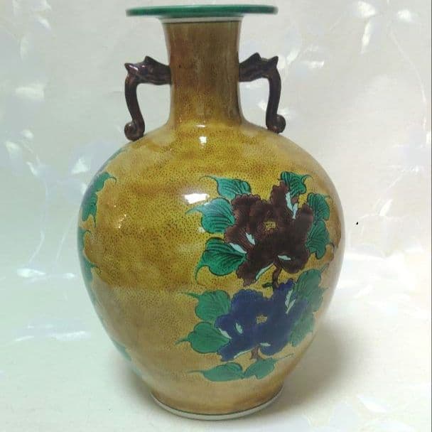 花瓶　九谷焼　青手　鳳凰　花鳥紋様　作家物　寛作　ア30