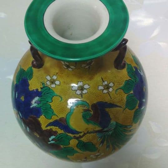 花瓶　九谷焼　青手　鳳凰　花鳥紋様　作家物　寛作　ア30