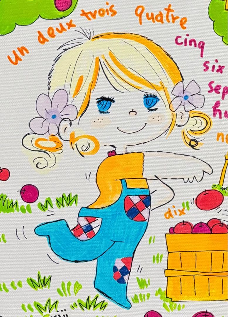 【F4号】手描き作品　水森亜土　額縁　サイン　未使用額　絵画　油彩　人気作品