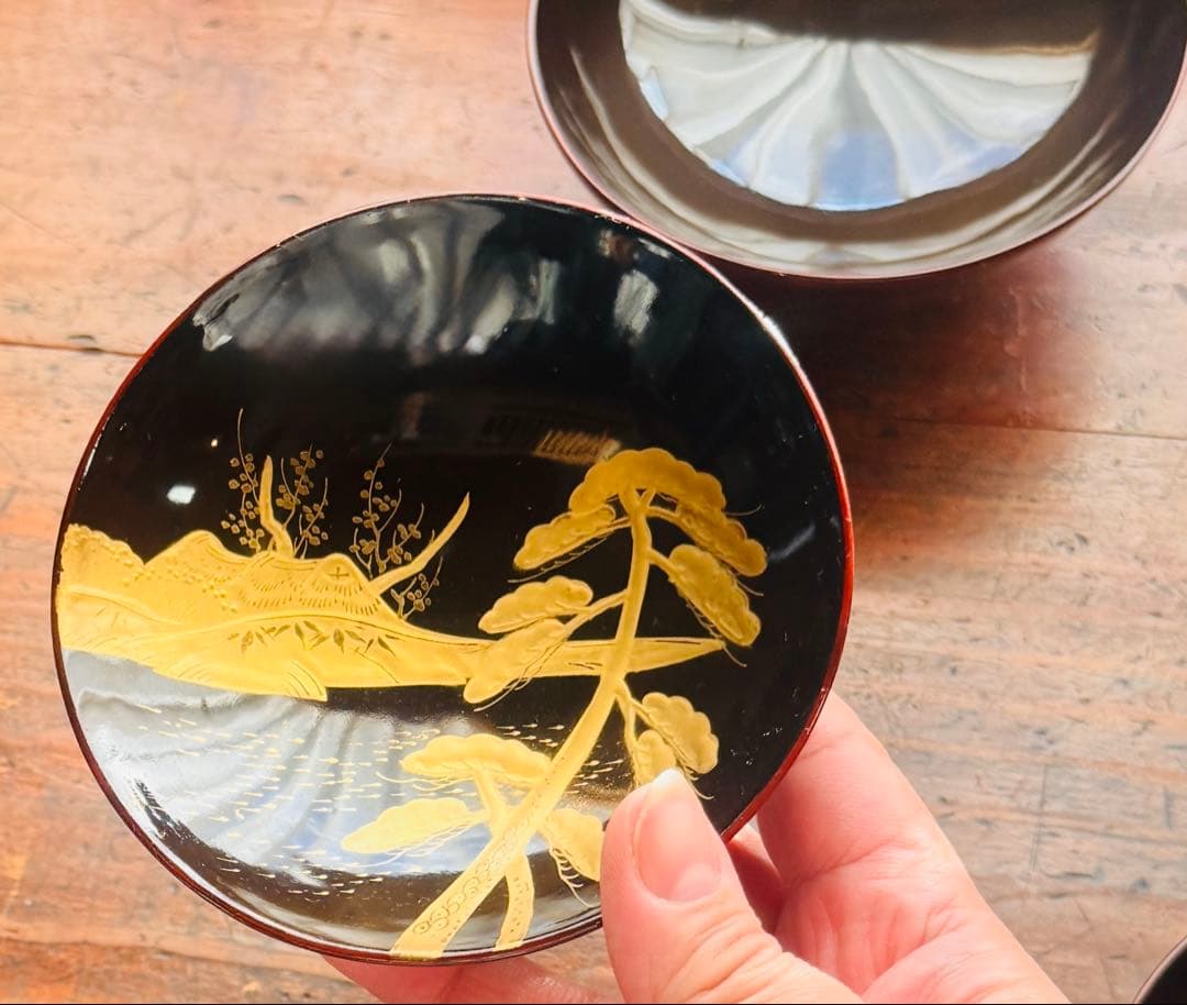 漆塗椀　蒔絵　懐石　金蒔絵吸い物椀2客　正月　椀