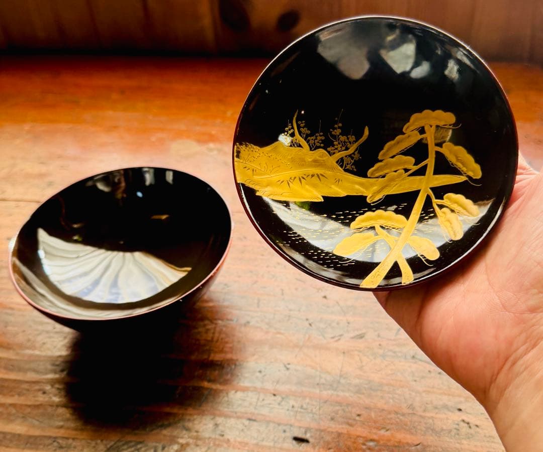漆塗椀　蒔絵　懐石　金蒔絵吸い物椀2客　正月　椀