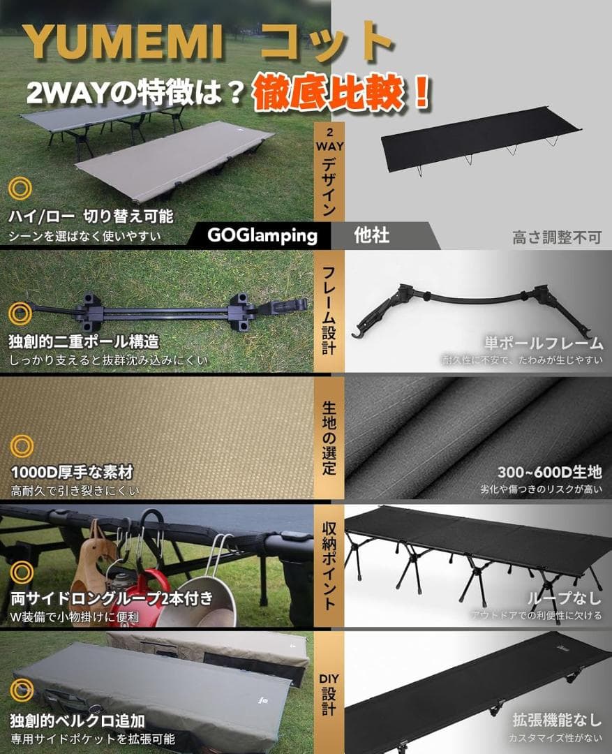 GOGlamping YUMEMI コット2WAY キャンプ 折り畳みベッド　L