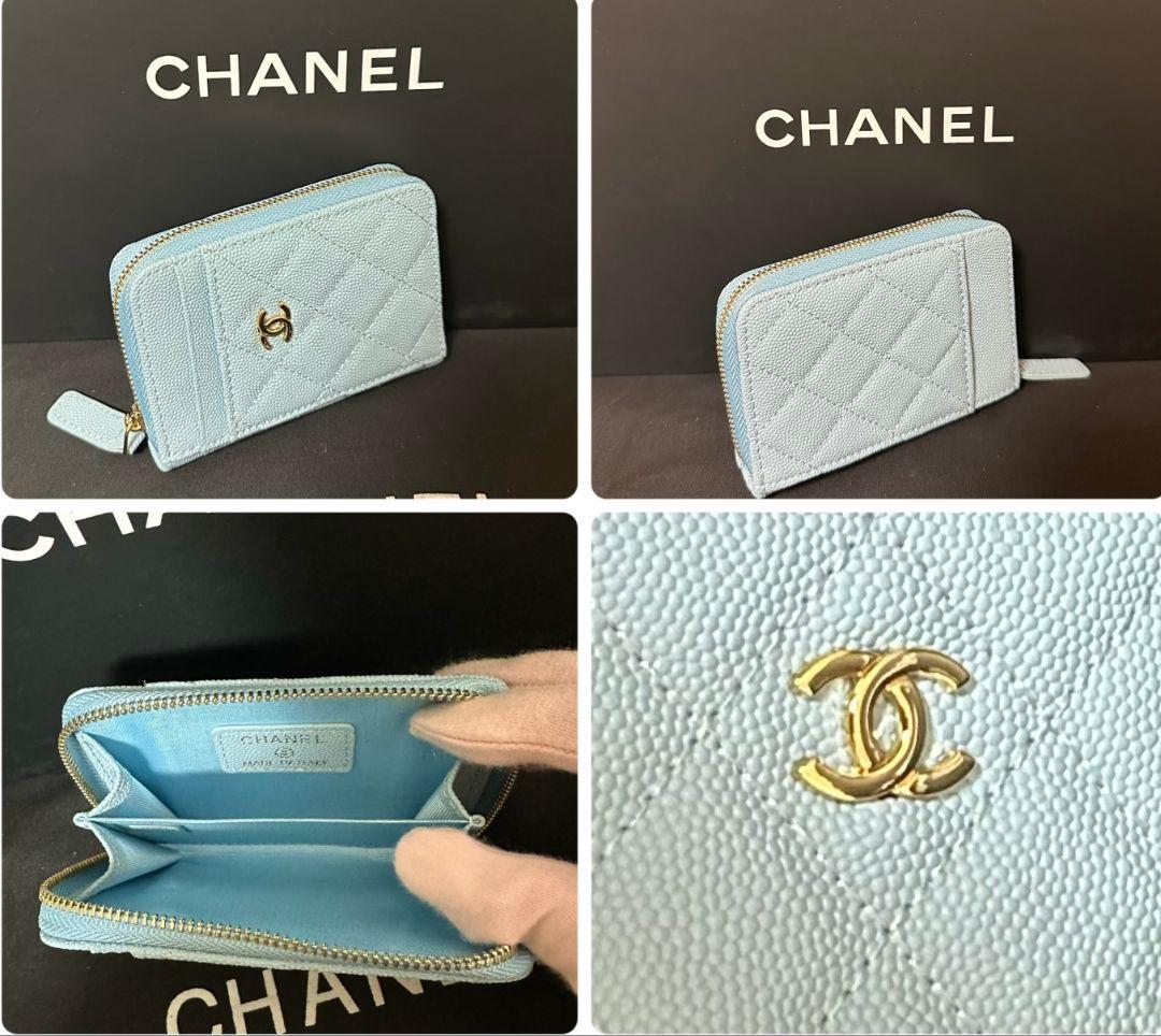CHANELノベルティキャビアスキンレザー フラグメントケースライトブルー